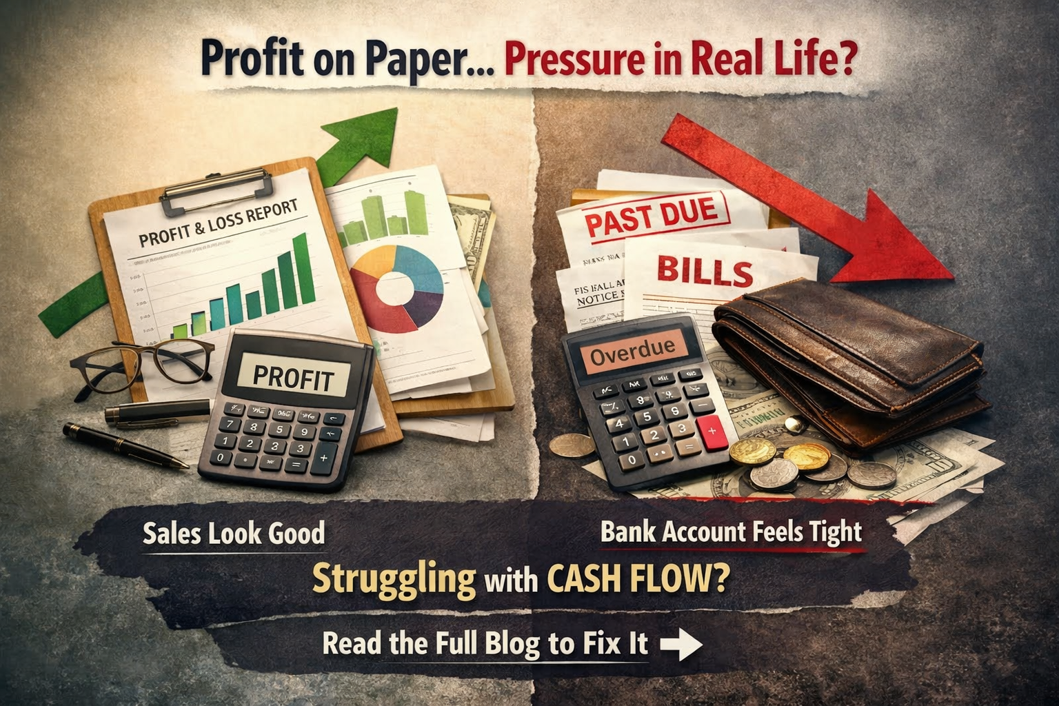 small business cash flow problem showing profit on paper but real life financial pressure with bills and overdue expenses