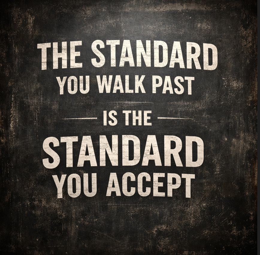 “The standard you walk past is the standard you accept in business quote on dark textured background representing leadership and accountability”
