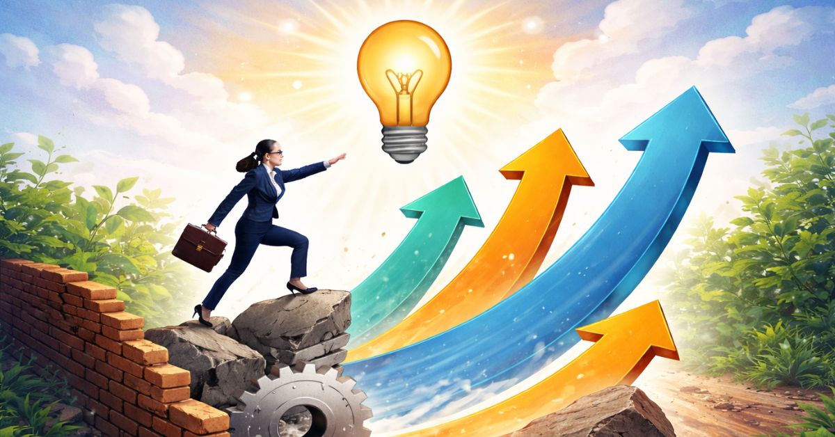 Business owner turning challenges into opportunities in business with upward arrows and lightbulb